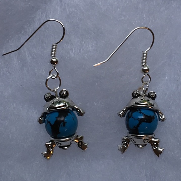 SOLD Blue Turquoise Silver Frog Earrings - Picture 2 of 8